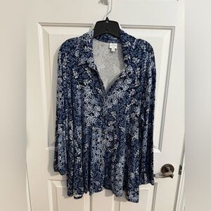 New Directions Button Peplum Tunic Blouse Blue Floral Plus Size 1X